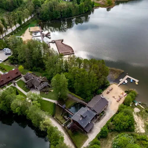 Hotel and lake beach from a bird's eye view